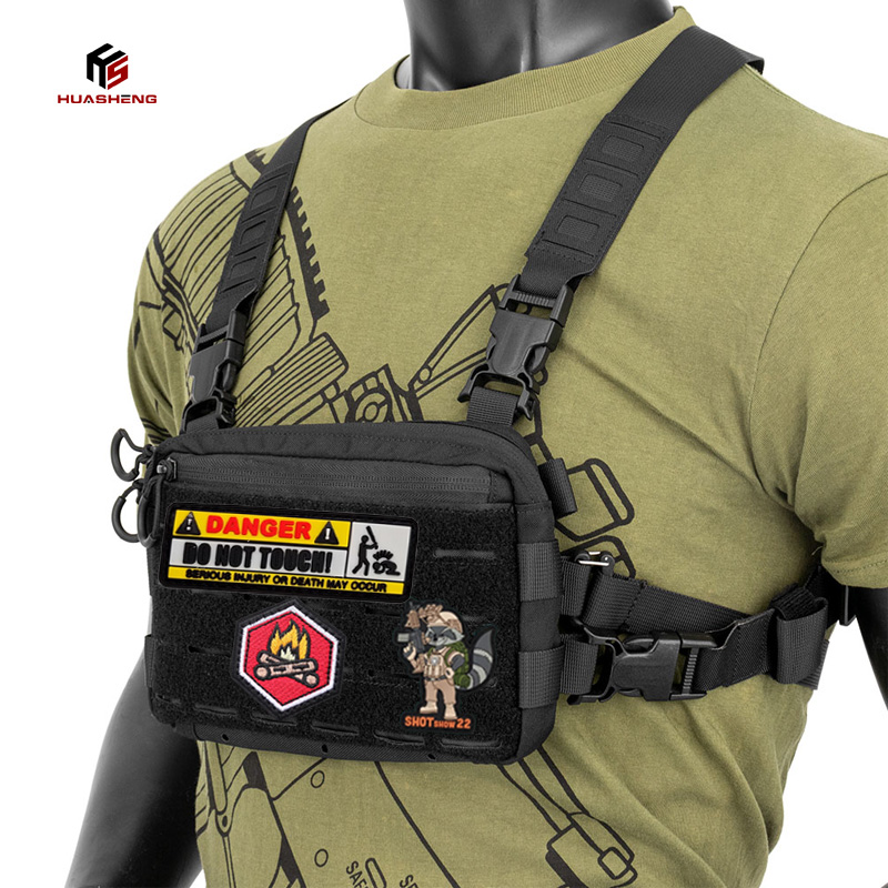 model wearing the tactical chest bag with patches