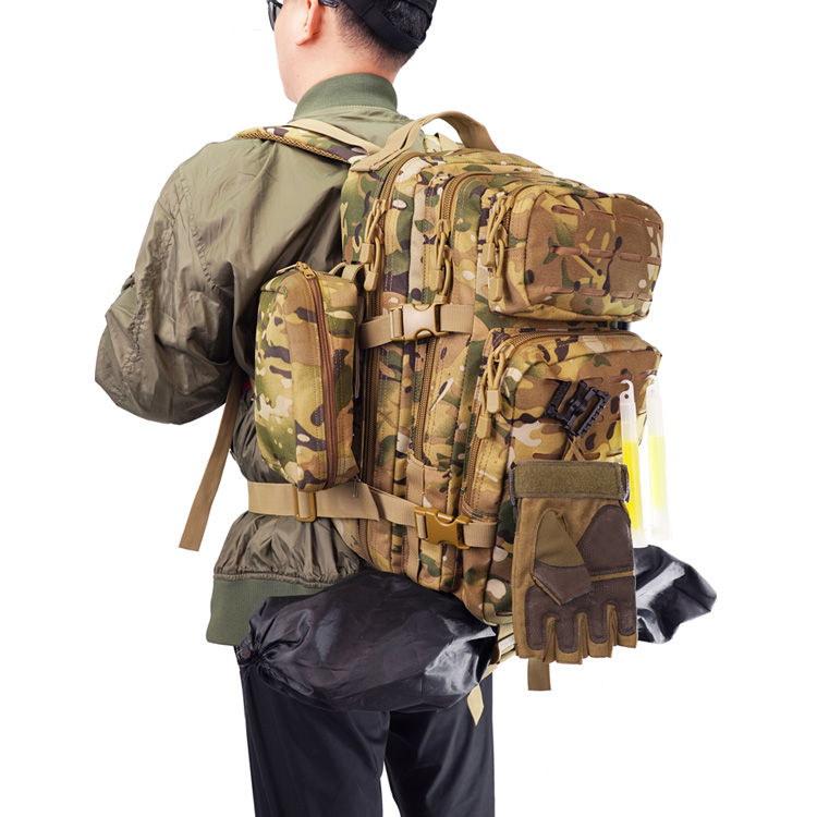 MOLLE system on 30L Laser Cut Backpack with attached tactical gear.